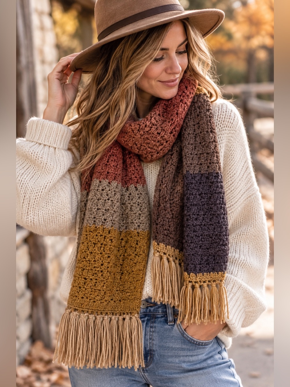Handmade Crochet Fringe Scarf Rust Olive Mustard Boho